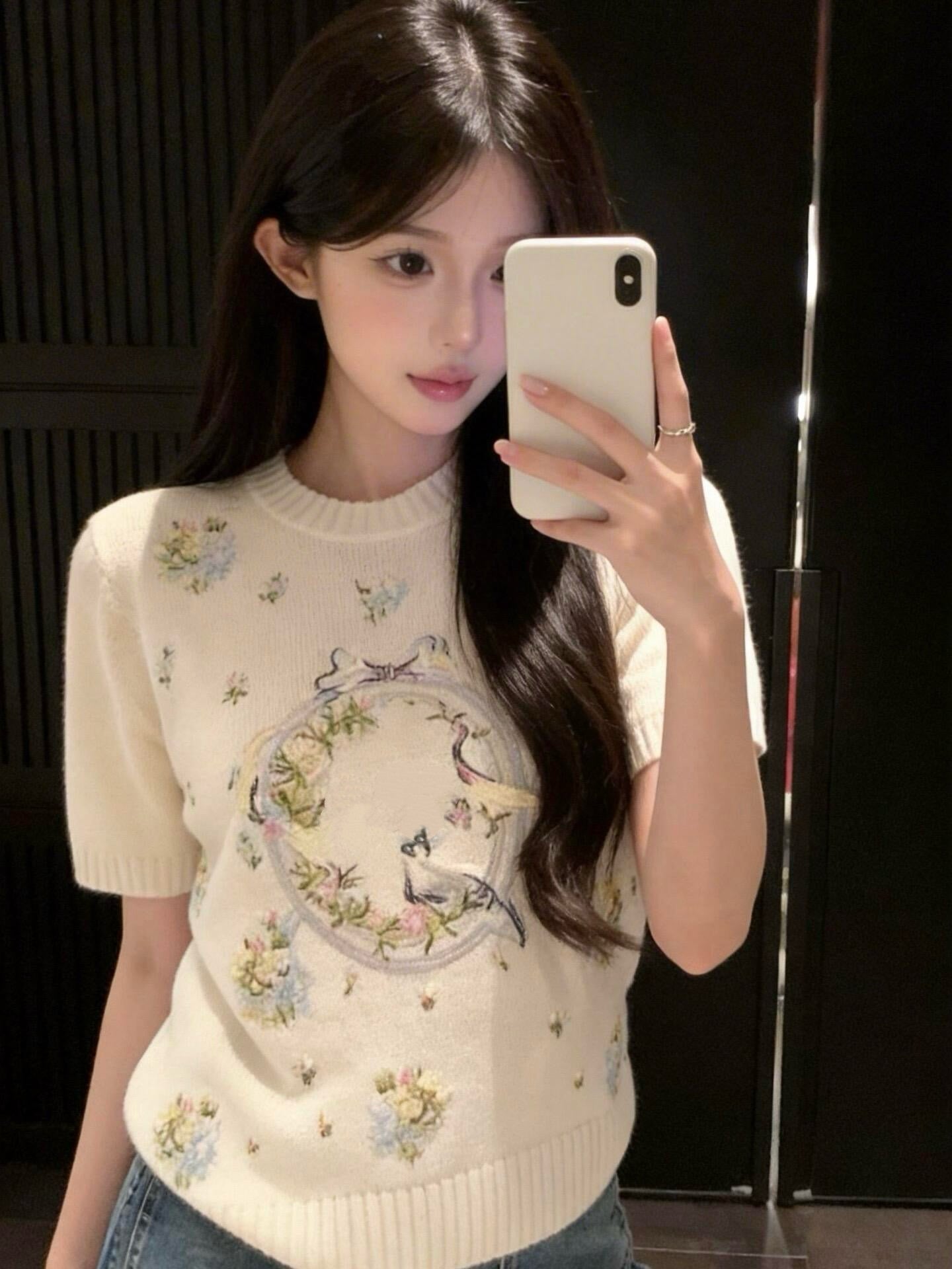 Artisanal Floral Embroidery Cashmere Set: Long/Short Sleeve Knit Top + Classic White Straight-Leg Jeans - Premium 97% Cashmere & 100% Cotton