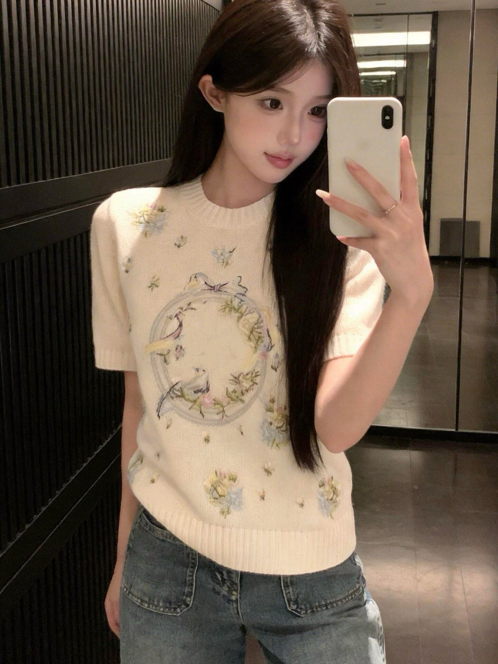 Artisanal Floral Embroidery Cashmere Set: Long/Short Sleeve Knit Top + Classic White Straight-Leg Jeans - Premium 97% Cashmere & 100% Cotton