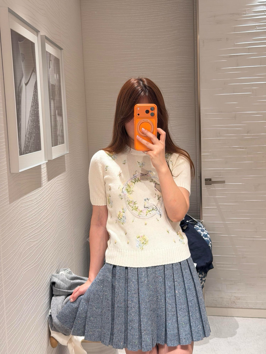 Artisanal Floral Embroidery Cashmere Set: Long/Short Sleeve Knit Top + Classic White Straight-Leg Jeans - Premium 97% Cashmere & 100% Cotton