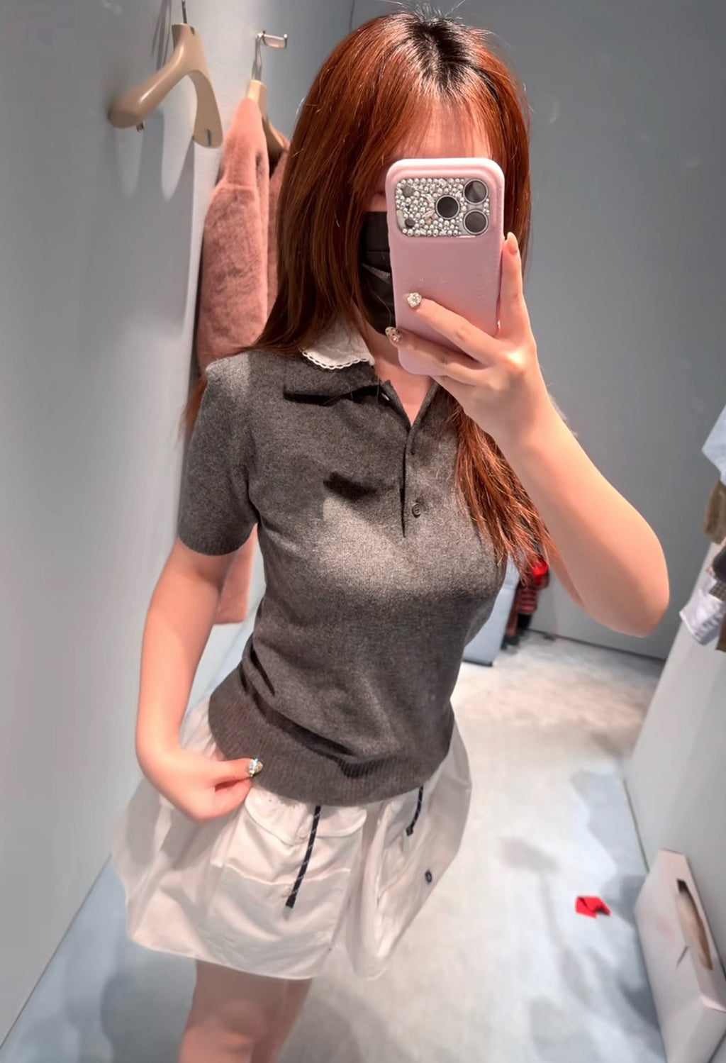 Lace Collar Cashmere Sweater & Cargo Utility Mini Skirt Set - Women's High-Waist A-Line Skirt with Safety Shorts & Slim Fit Knit Top