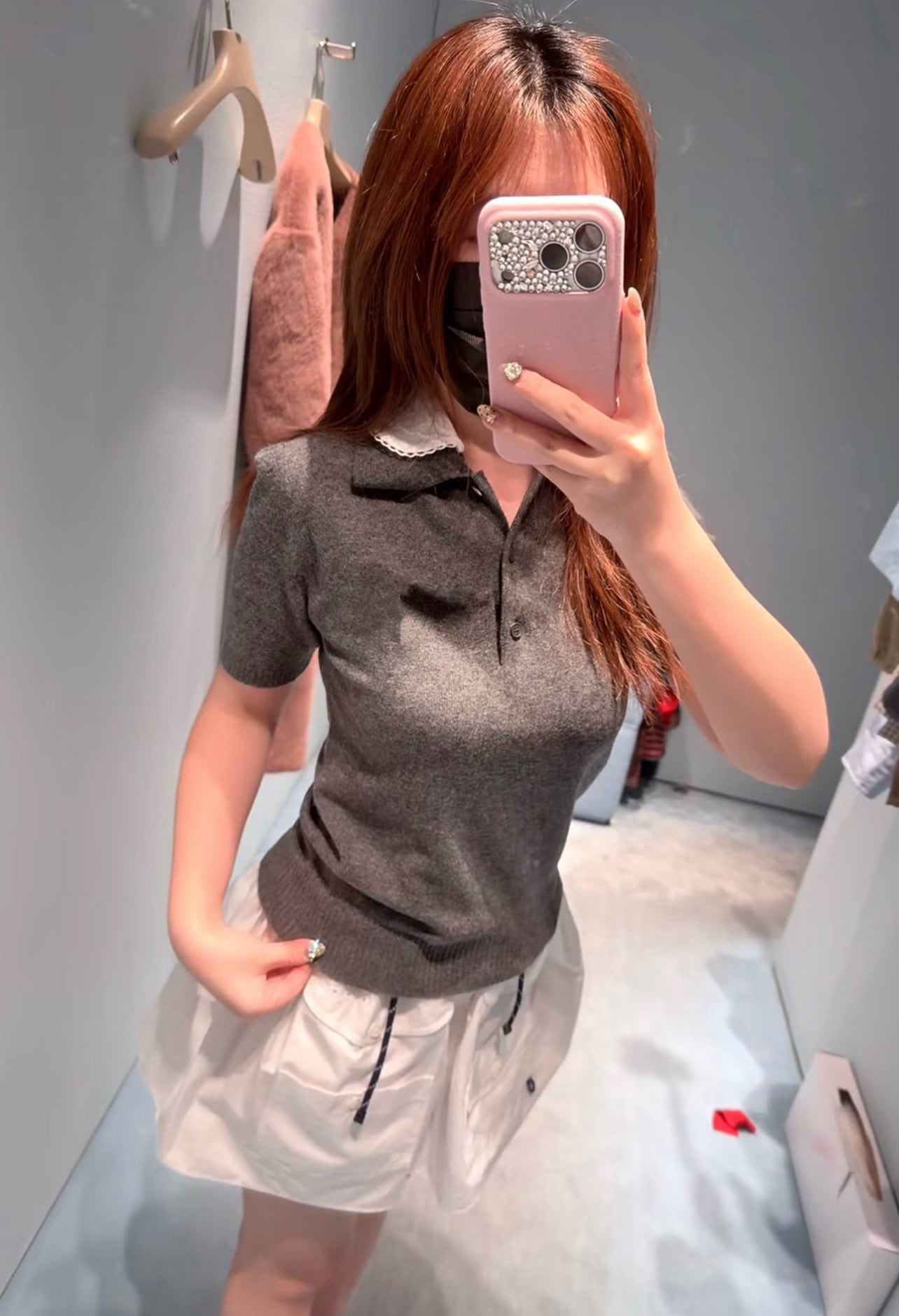 Lace Collar Cashmere Sweater & Cargo Utility Mini Skirt Set - Women's High-Waist A-Line Skirt with Safety Shorts & Slim Fit Knit Top