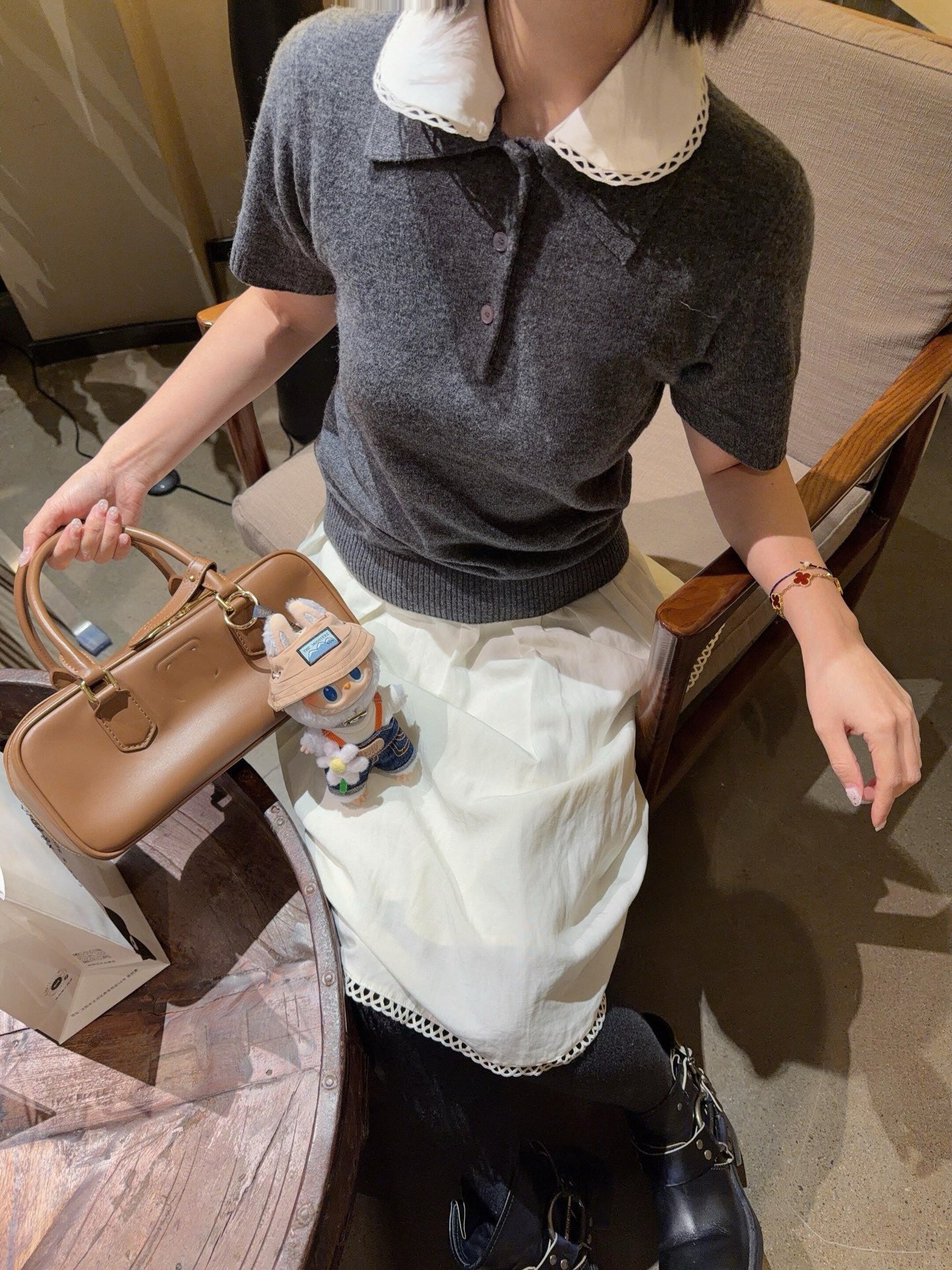Lace Collar Cashmere Sweater & Cargo Utility Mini Skirt Set - Women's High-Waist A-Line Skirt with Safety Shorts & Slim Fit Knit Top