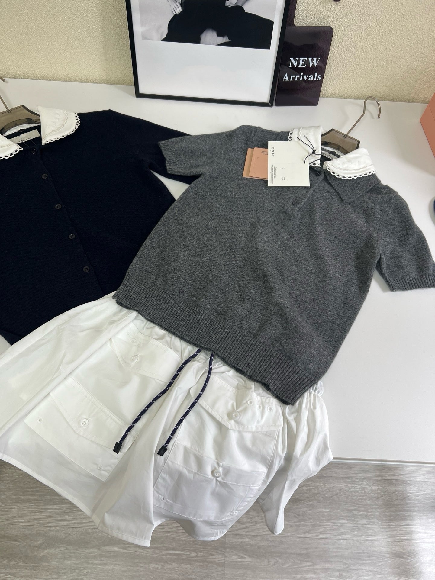 Lace Collar Cashmere Sweater & Cargo Utility Mini Skirt Set - Women's High-Waist A-Line Skirt with Safety Shorts & Slim Fit Knit Top