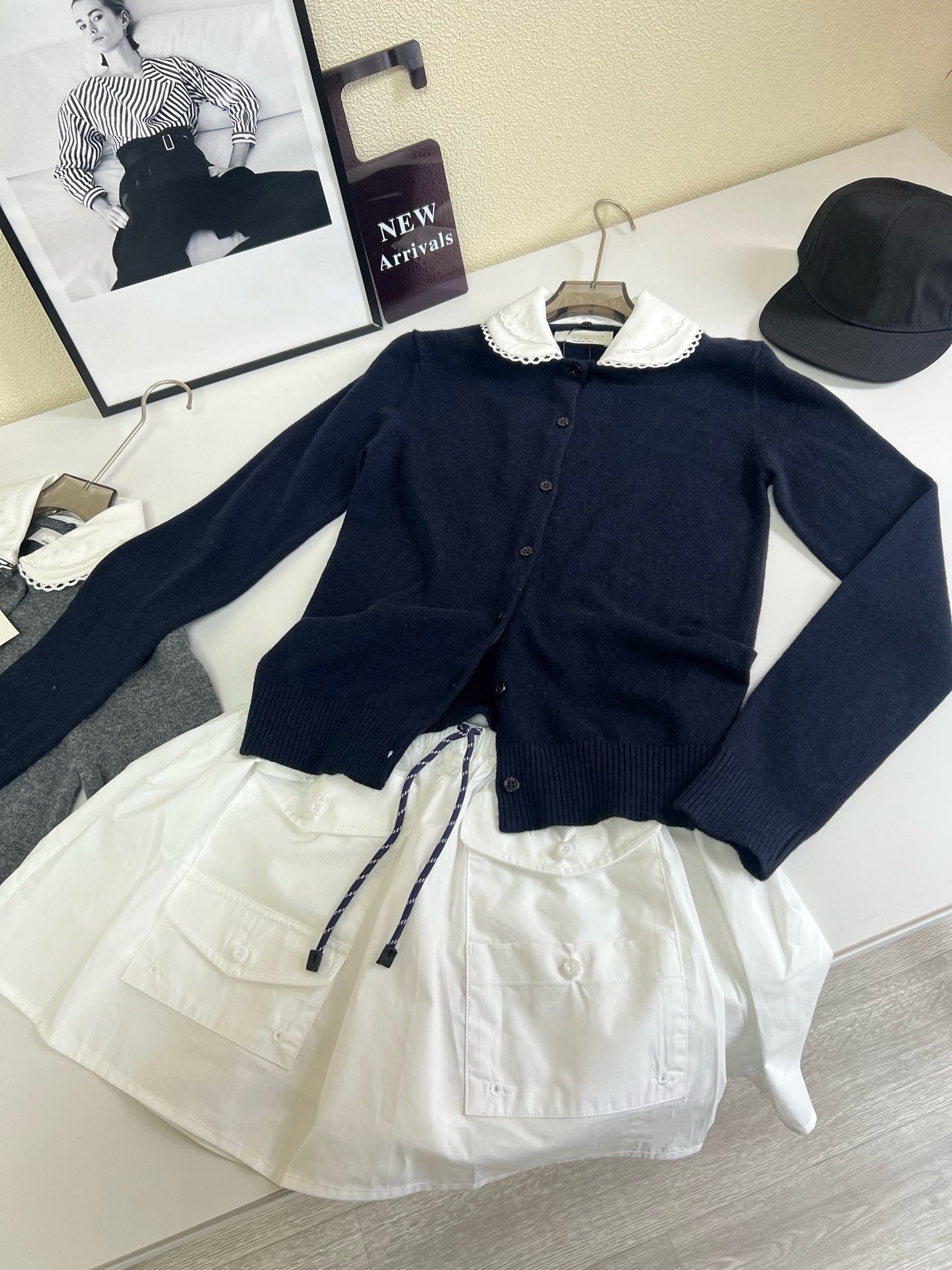 Lace Collar Cashmere Sweater & Cargo Utility Mini Skirt Set - Women's High-Waist A-Line Skirt with Safety Shorts & Slim Fit Knit Top