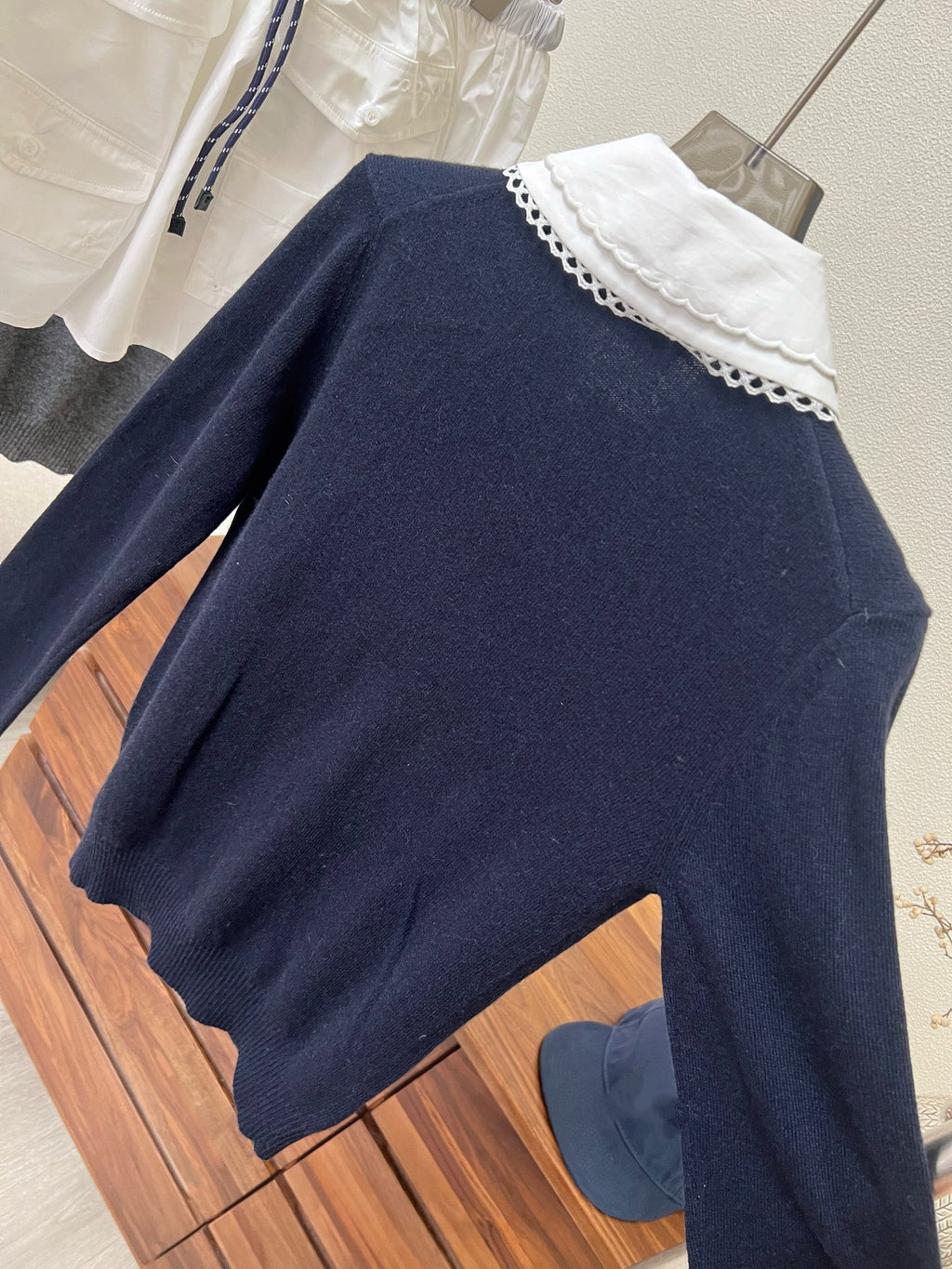 Lace Collar Cashmere Sweater & Cargo Utility Mini Skirt Set - Women's High-Waist A-Line Skirt with Safety Shorts & Slim Fit Knit Top