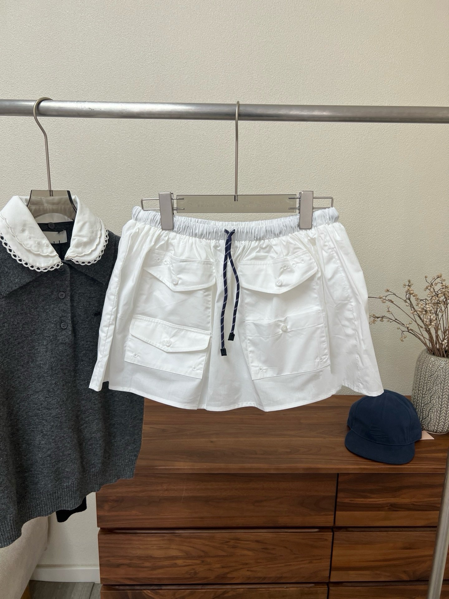 Lace Collar Cashmere Sweater & Cargo Utility Mini Skirt Set - Women's High-Waist A-Line Skirt with Safety Shorts & Slim Fit Knit Top