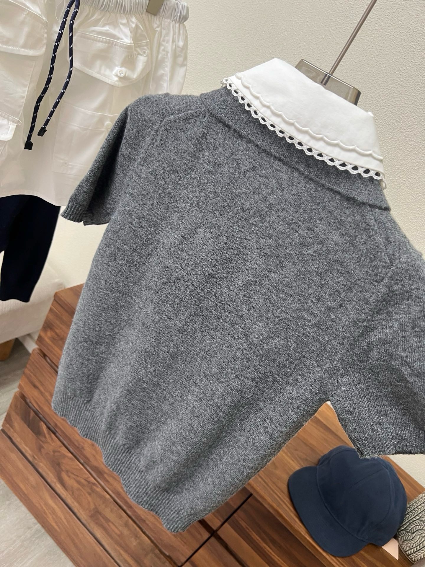 Lace Collar Cashmere Sweater & Cargo Utility Mini Skirt Set - Women's High-Waist A-Line Skirt with Safety Shorts & Slim Fit Knit Top