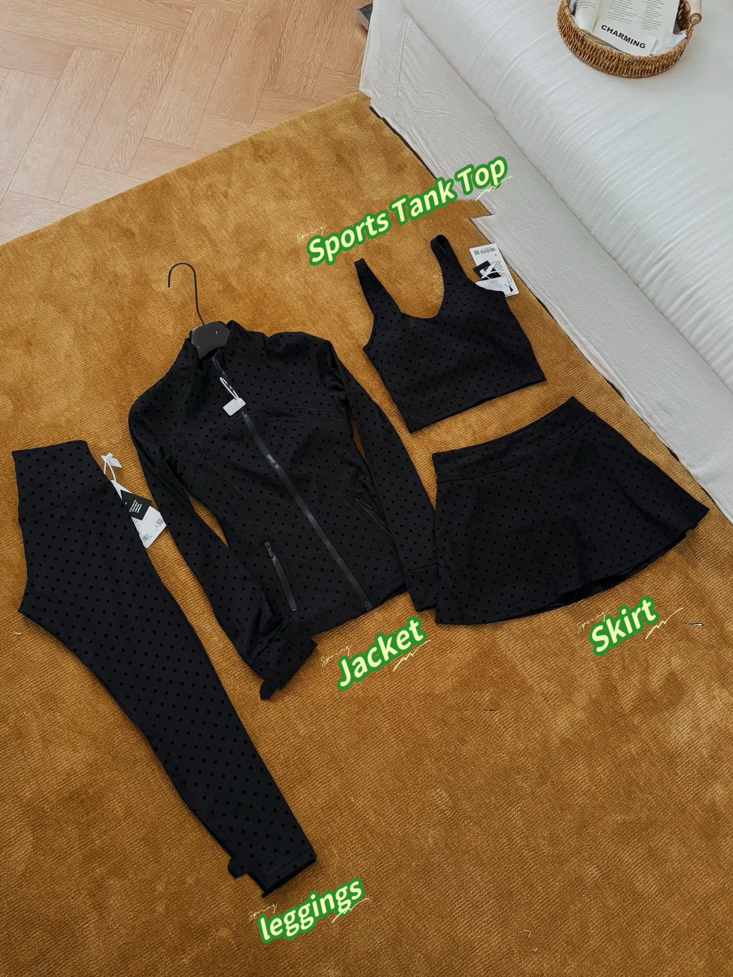 Women's Fitted Yoga Jacket Leggings Tank Top Flared Pants Skirt  Hooded JacketBlack Polka Dot Stretchy Breathable Activewear