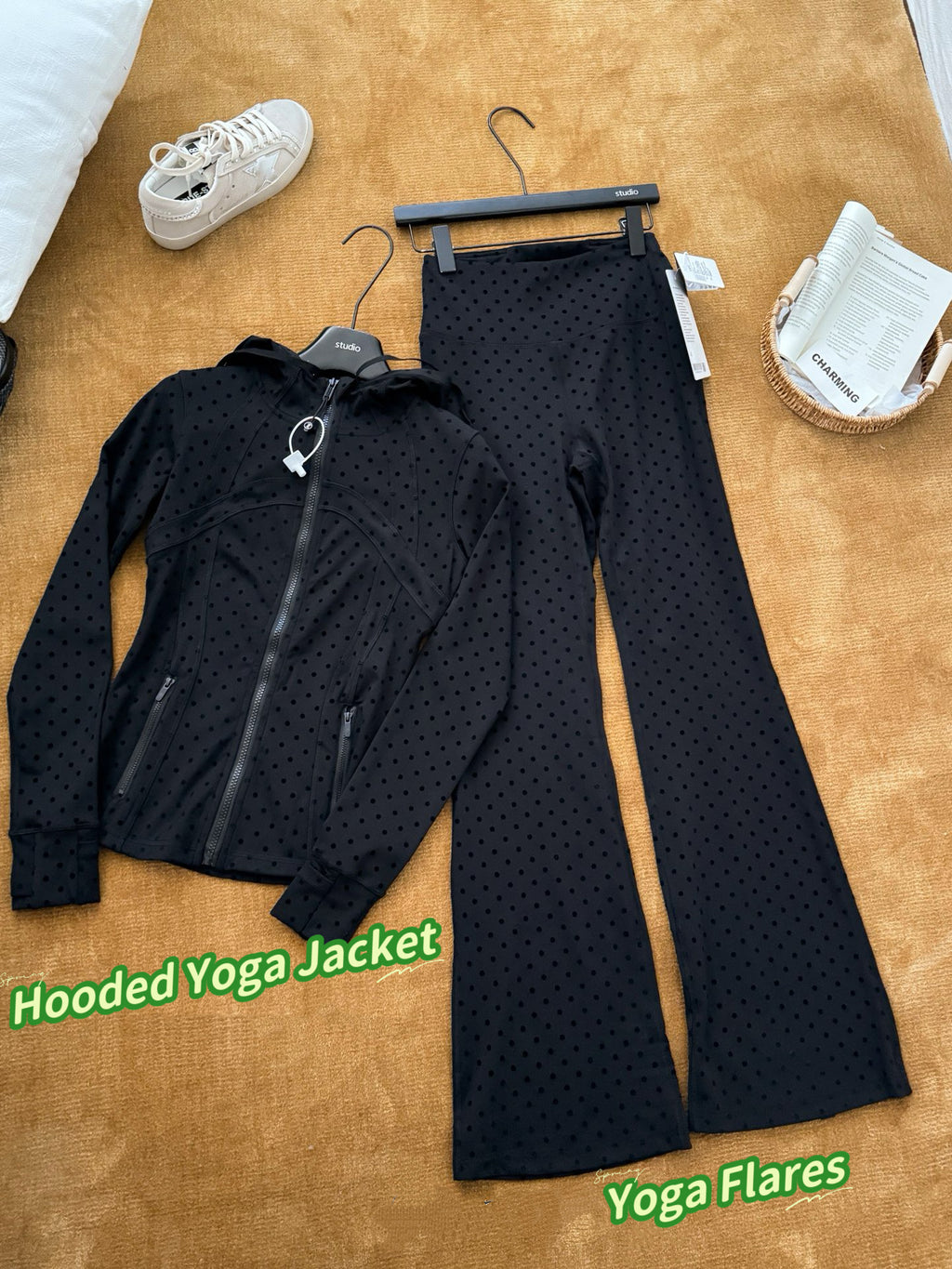 Women's Fitted Yoga Jacket Leggings Tank Top Flared Pants Skirt  Hooded JacketBlack Polka Dot Stretchy Breathable Activewear