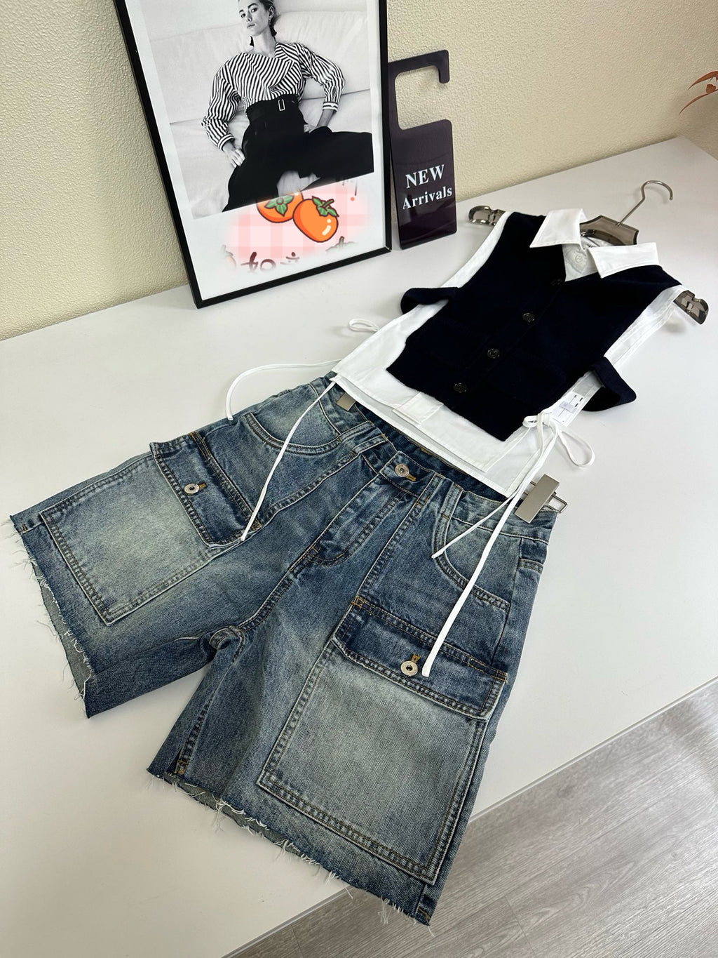Women's High-Waist Multi-Pocket Vintage Blue Denim Shorts & Pants Cargo-Inspired Stretchy