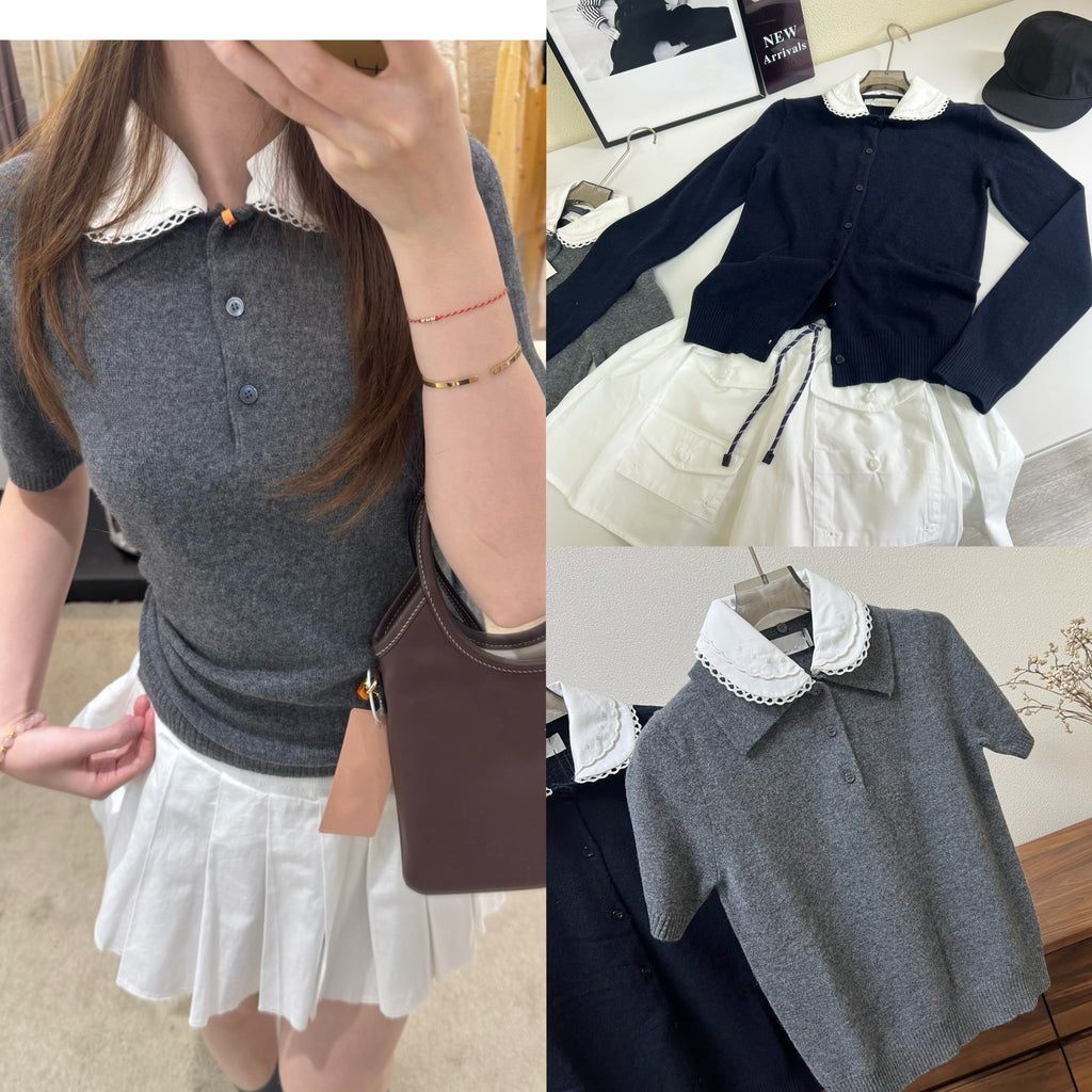 Lace Collar Cashmere Sweater & Cargo Utility Mini Skirt Set - Women's High-Waist A-Line Skirt with Safety Shorts & Slim Fit Knit Top