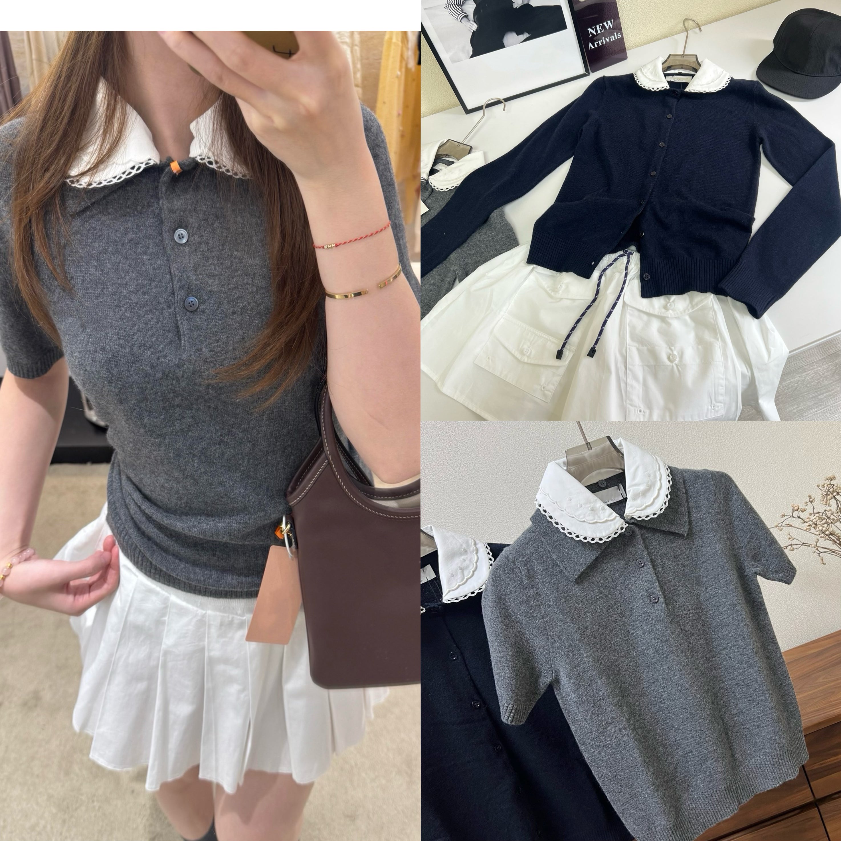 Lace Collar Cashmere Sweater & Cargo Utility Mini Skirt Set - Women's High-Waist A-Line Skirt with Safety Shorts & Slim Fit Knit Top