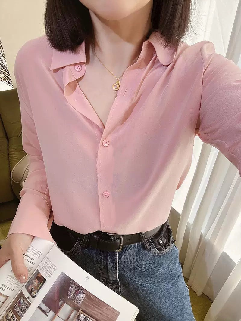 Luxury 100% Mulberry Silk Button-Down Shirt: Classic Long Sleeve Silk Blouse in 8 Vibrant Colors - Premium Heavyweight Silk Top for Office & Occasions