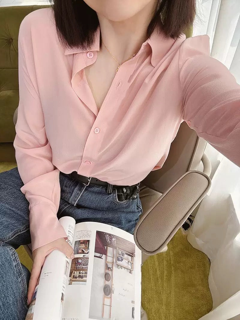 Luxury 100% Mulberry Silk Button-Down Shirt: Classic Long Sleeve Silk Blouse in 8 Vibrant Colors - Premium Heavyweight Silk Top for Office & Occasions