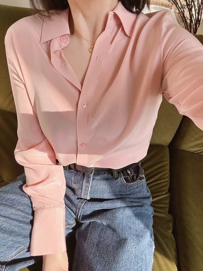 Luxury 100% Mulberry Silk Button-Down Shirt: Classic Long Sleeve Silk Blouse in 8 Vibrant Colors - Premium Heavyweight Silk Top for Office & Occasions