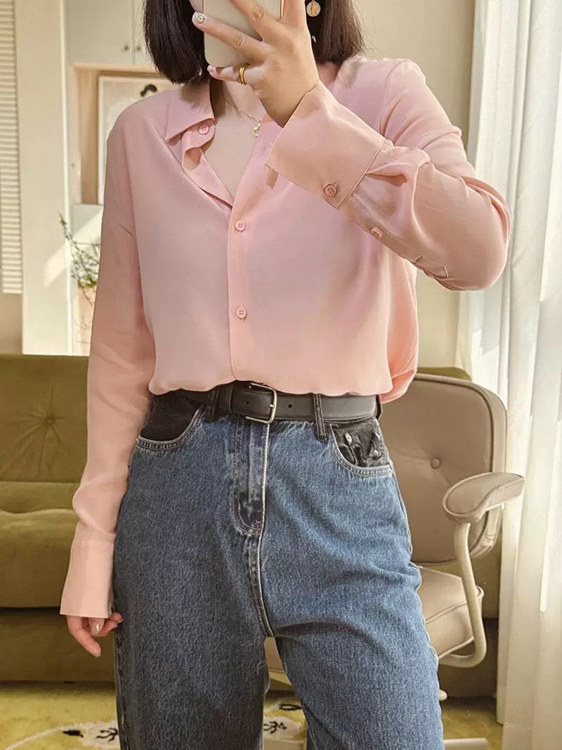 Luxury 100% Mulberry Silk Button-Down Shirt: Classic Long Sleeve Silk Blouse in 8 Vibrant Colors - Premium Heavyweight Silk Top for Office & Occasions