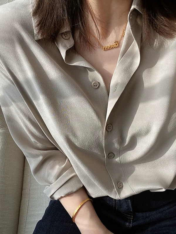Luxury 100% Mulberry Silk Button-Down Shirt: Classic Long Sleeve Silk Blouse in 8 Vibrant Colors - Premium Heavyweight Silk Top for Office & Occasions
