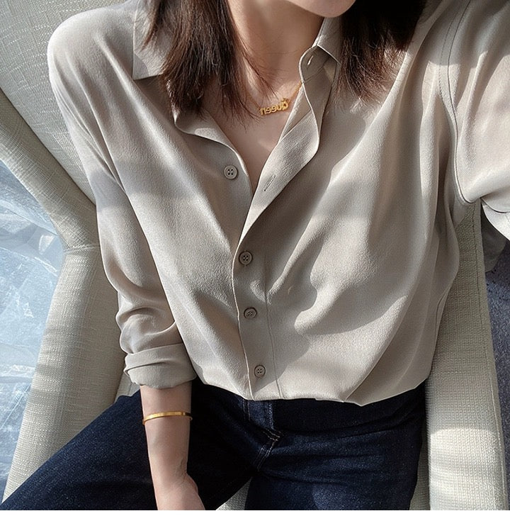 Luxury 100% Mulberry Silk Button-Down Shirt: Classic Long Sleeve Silk Blouse in 8 Vibrant Colors - Premium Heavyweight Silk Top for Office & Occasions