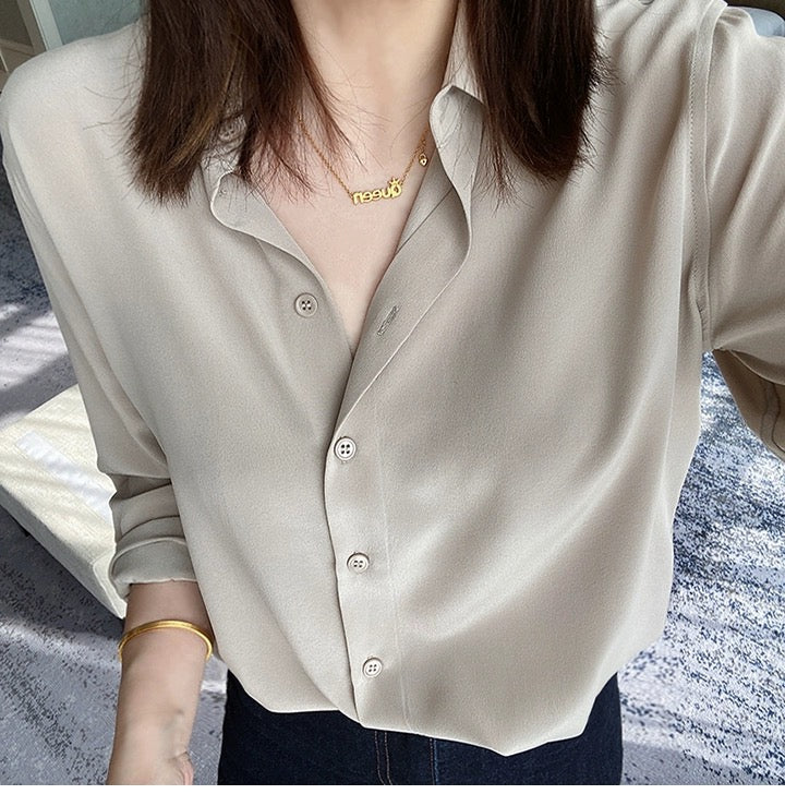 Luxury 100% Mulberry Silk Button-Down Shirt: Classic Long Sleeve Silk Blouse in 8 Vibrant Colors - Premium Heavyweight Silk Top for Office & Occasions