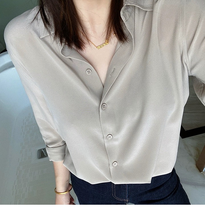 Luxury 100% Mulberry Silk Button-Down Shirt: Classic Long Sleeve Silk Blouse in 8 Vibrant Colors - Premium Heavyweight Silk Top for Office & Occasions