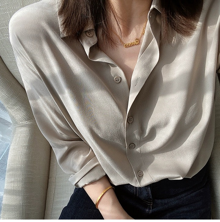 Luxury 100% Mulberry Silk Button-Down Shirt: Classic Long Sleeve Silk Blouse in 8 Vibrant Colors - Premium Heavyweight Silk Top for Office & Occasions