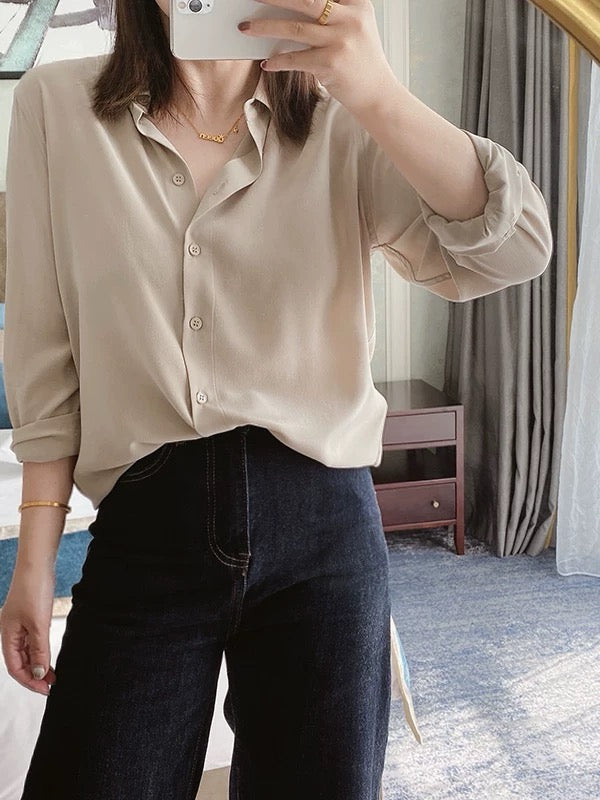 Luxury 100% Mulberry Silk Button-Down Shirt: Classic Long Sleeve Silk Blouse in 8 Vibrant Colors - Premium Heavyweight Silk Top for Office & Occasions