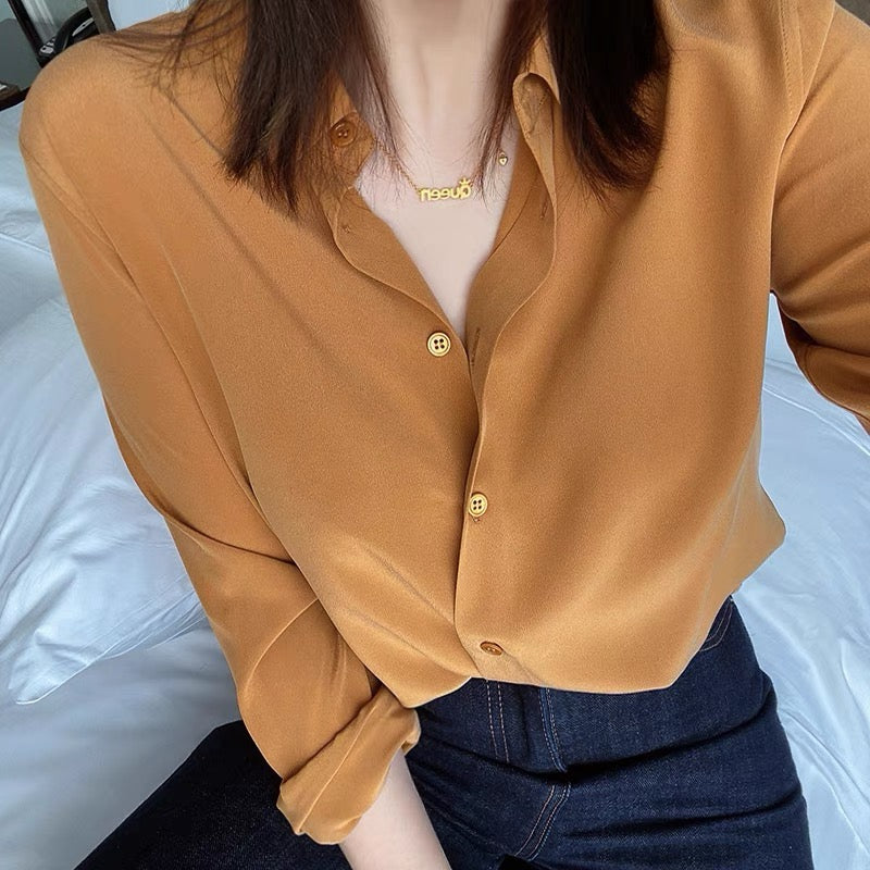Luxury 100% Mulberry Silk Button-Down Shirt: Classic Long Sleeve Silk Blouse in 8 Vibrant Colors - Premium Heavyweight Silk Top for Office & Occasions