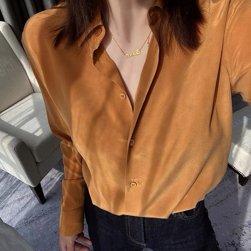 Luxury 100% Mulberry Silk Button-Down Shirt: Classic Long Sleeve Silk Blouse in 8 Vibrant Colors - Premium Heavyweight Silk Top for Office & Occasions