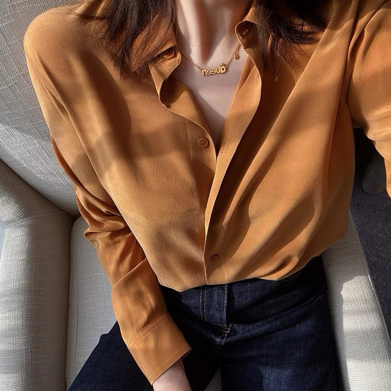 Luxury 100% Mulberry Silk Button-Down Shirt: Classic Long Sleeve Silk Blouse in 8 Vibrant Colors - Premium Heavyweight Silk Top for Office & Occasions