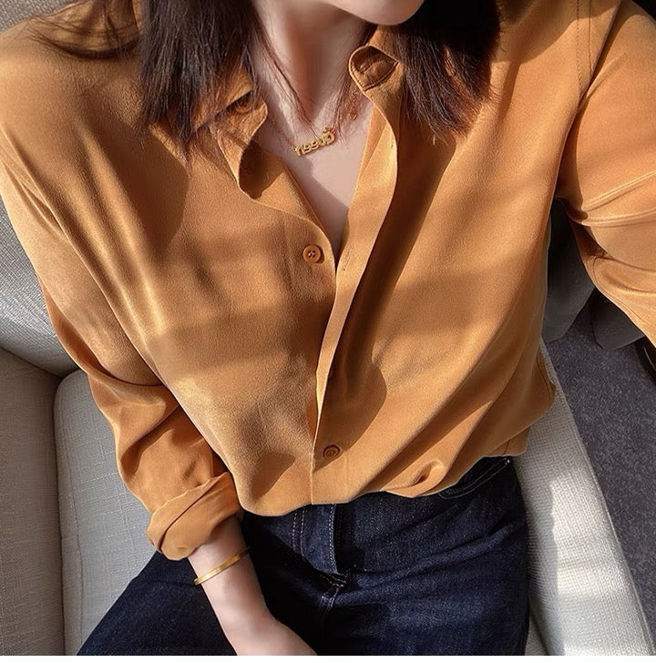 Luxury 100% Mulberry Silk Button-Down Shirt: Classic Long Sleeve Silk Blouse in 8 Vibrant Colors - Premium Heavyweight Silk Top for Office & Occasions