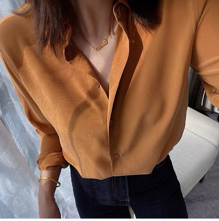 Luxury 100% Mulberry Silk Button-Down Shirt: Classic Long Sleeve Silk Blouse in 8 Vibrant Colors - Premium Heavyweight Silk Top for Office & Occasions