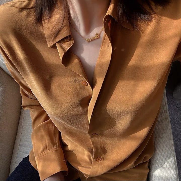 Luxury 100% Mulberry Silk Button-Down Shirt: Classic Long Sleeve Silk Blouse in 8 Vibrant Colors - Premium Heavyweight Silk Top for Office & Occasions