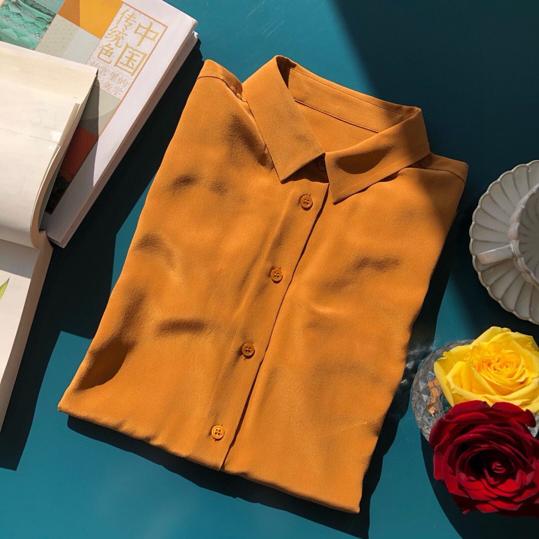 Luxury 100% Mulberry Silk Button-Down Shirt: Classic Long Sleeve Silk Blouse in 8 Vibrant Colors - Premium Heavyweight Silk Top for Office & Occasions