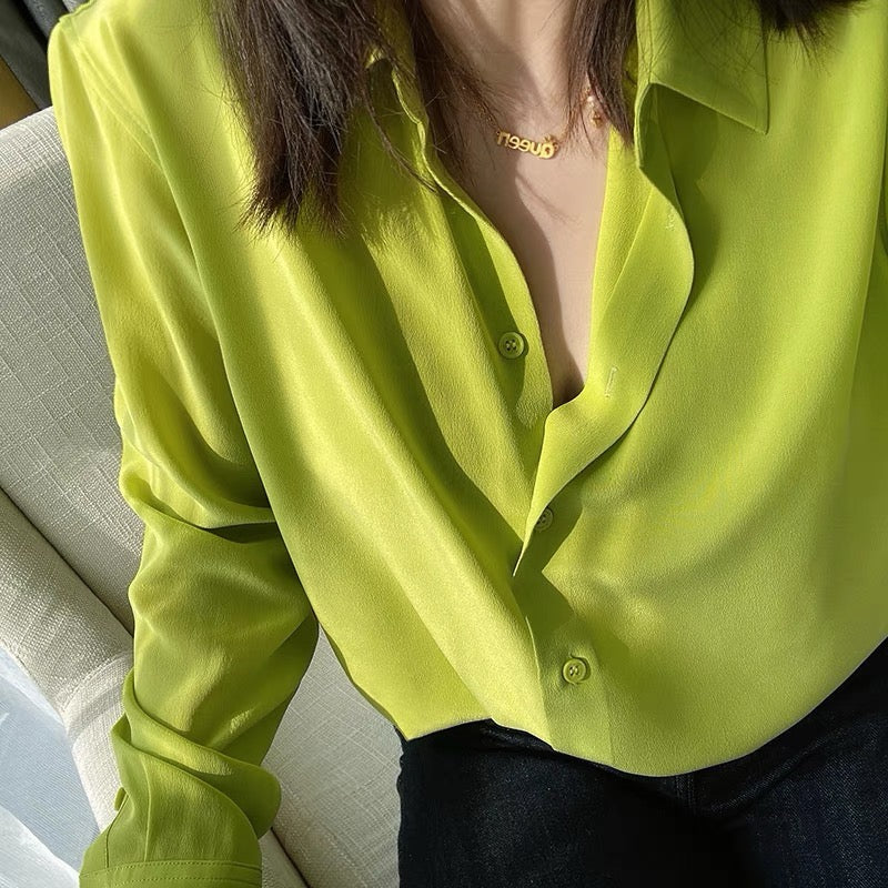Luxury 100% Mulberry Silk Button-Down Shirt: Classic Long Sleeve Silk Blouse in 8 Vibrant Colors - Premium Heavyweight Silk Top for Office & Occasions
