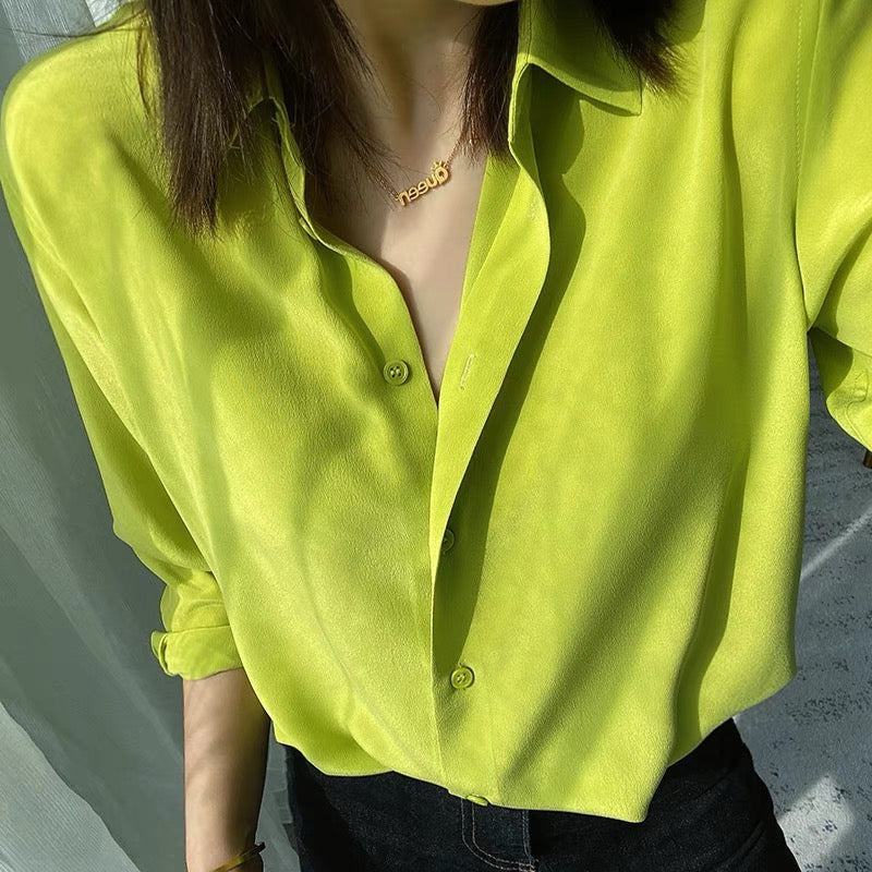Luxury 100% Mulberry Silk Button-Down Shirt: Classic Long Sleeve Silk Blouse in 8 Vibrant Colors - Premium Heavyweight Silk Top for Office & Occasions
