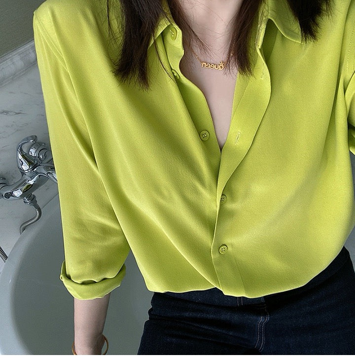 Luxury 100% Mulberry Silk Button-Down Shirt: Classic Long Sleeve Silk Blouse in 8 Vibrant Colors - Premium Heavyweight Silk Top for Office & Occasions