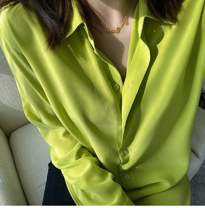 Luxury 100% Mulberry Silk Button-Down Shirt: Classic Long Sleeve Silk Blouse in 8 Vibrant Colors - Premium Heavyweight Silk Top for Office & Occasions