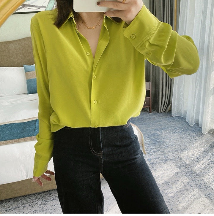 Luxury 100% Mulberry Silk Button-Down Shirt: Classic Long Sleeve Silk Blouse in 8 Vibrant Colors - Premium Heavyweight Silk Top for Office & Occasions