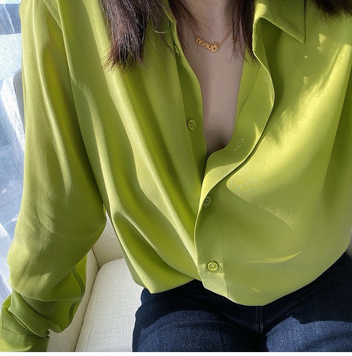 Luxury 100% Mulberry Silk Button-Down Shirt: Classic Long Sleeve Silk Blouse in 8 Vibrant Colors - Premium Heavyweight Silk Top for Office & Occasions