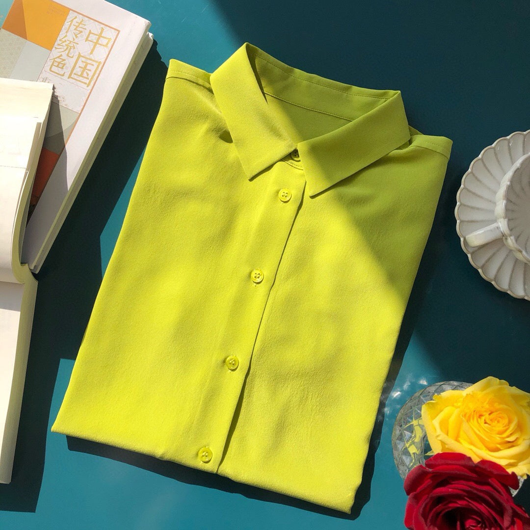 Luxury 100% Mulberry Silk Button-Down Shirt: Classic Long Sleeve Silk Blouse in 8 Vibrant Colors - Premium Heavyweight Silk Top for Office & Occasions