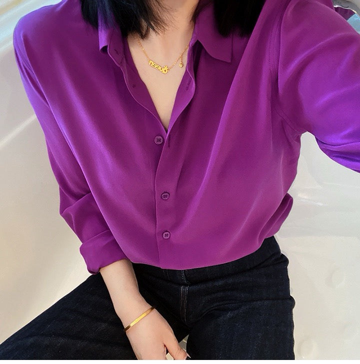 Luxury 100% Mulberry Silk Button-Down Shirt: Classic Long Sleeve Silk Blouse in 8 Vibrant Colors - Premium Heavyweight Silk Top for Office & Occasions