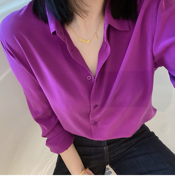 Luxury 100% Mulberry Silk Button-Down Shirt: Classic Long Sleeve Silk Blouse in 8 Vibrant Colors - Premium Heavyweight Silk Top for Office & Occasions