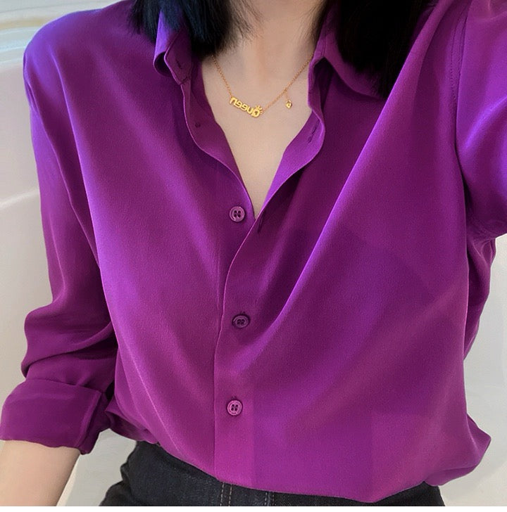 Luxury 100% Mulberry Silk Button-Down Shirt: Classic Long Sleeve Silk Blouse in 8 Vibrant Colors - Premium Heavyweight Silk Top for Office & Occasions
