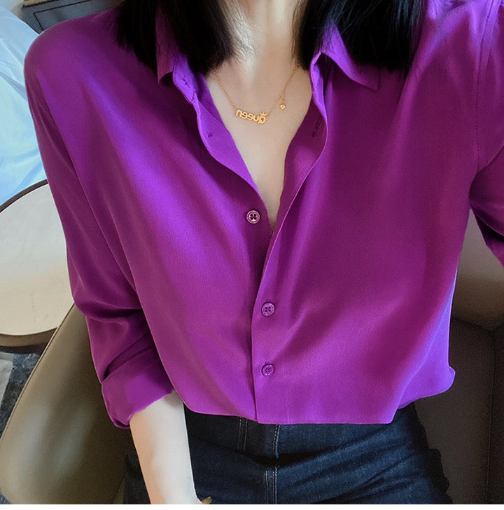 Luxury 100% Mulberry Silk Button-Down Shirt: Classic Long Sleeve Silk Blouse in 8 Vibrant Colors - Premium Heavyweight Silk Top for Office & Occasions