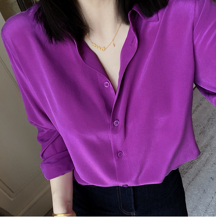 Luxury 100% Mulberry Silk Button-Down Shirt: Classic Long Sleeve Silk Blouse in 8 Vibrant Colors - Premium Heavyweight Silk Top for Office & Occasions