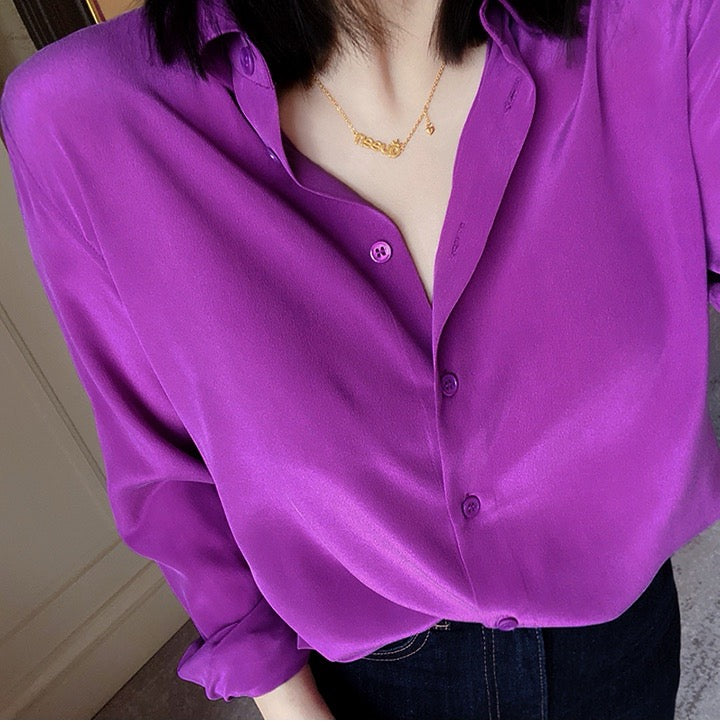 Luxury 100% Mulberry Silk Button-Down Shirt: Classic Long Sleeve Silk Blouse in 8 Vibrant Colors - Premium Heavyweight Silk Top for Office & Occasions