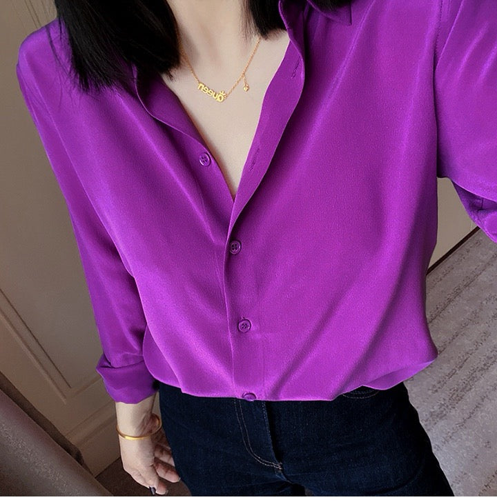Luxury 100% Mulberry Silk Button-Down Shirt: Classic Long Sleeve Silk Blouse in 8 Vibrant Colors - Premium Heavyweight Silk Top for Office & Occasions