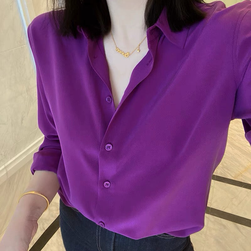 Luxury 100% Mulberry Silk Button-Down Shirt: Classic Long Sleeve Silk Blouse in 8 Vibrant Colors - Premium Heavyweight Silk Top for Office & Occasions