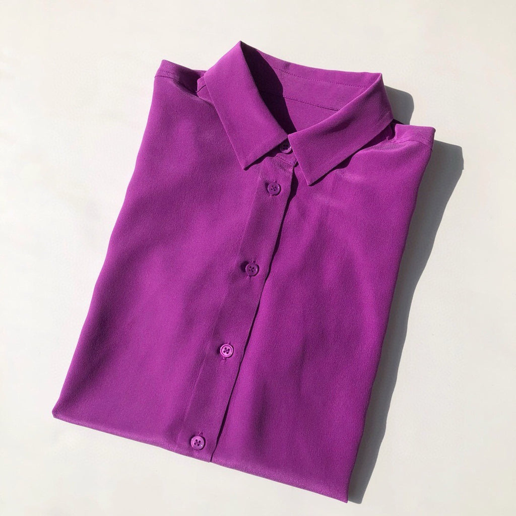 Luxury 100% Mulberry Silk Button-Down Shirt: Classic Long Sleeve Silk Blouse in 8 Vibrant Colors - Premium Heavyweight Silk Top for Office & Occasions
