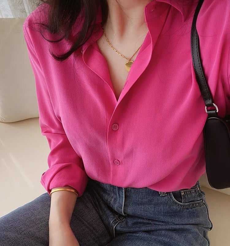 Luxury 100% Mulberry Silk Button-Down Shirt: Classic Long Sleeve Silk Blouse in 8 Vibrant Colors - Premium Heavyweight Silk Top for Office & Occasions
